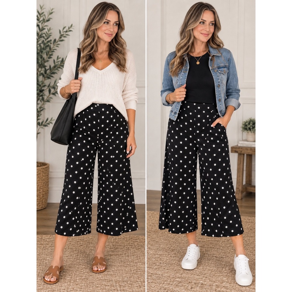 Maeve Anthropologie Polka Dot Wide Leg Cropped Pants Size 8 Black White